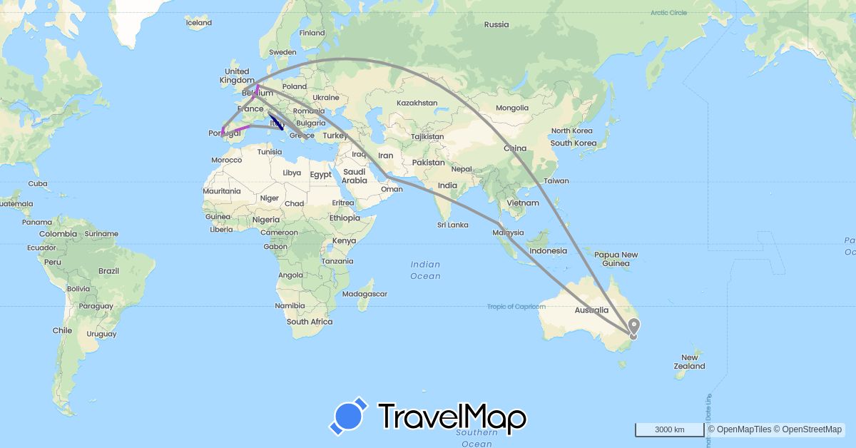TravelMap itinerary: driving, plane, train in United Arab Emirates, Australia, Belgium, China, Spain, France, United Kingdom, Greece, Italy, Netherlands, Portugal, Singapore, Thailand (Asia, Europe, Oceania)